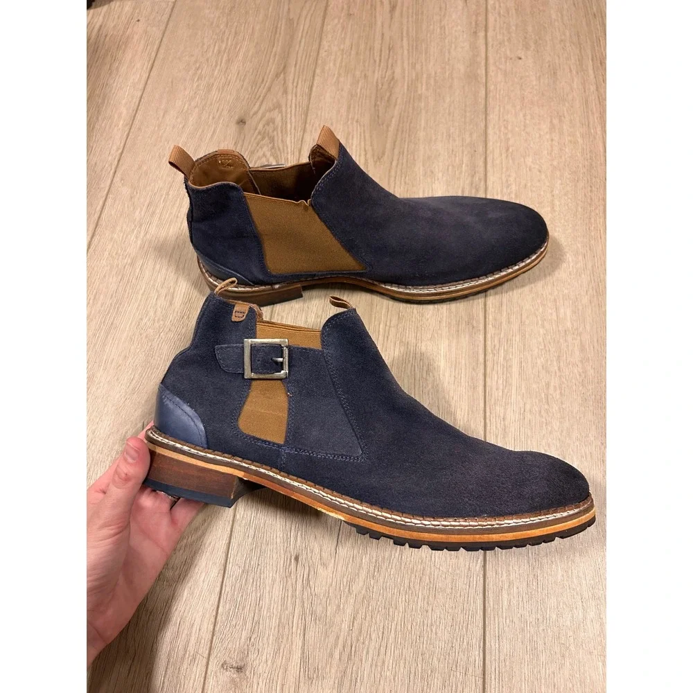 Vintage Foundry Co Mens Navy Blue Suede Monk Strap Chelsea Boots Size 9 Lug Sole